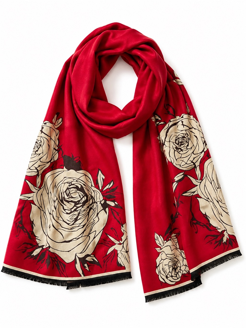 NWT SAACHI Red Floral Rose Scarf 100% Viscose Cozy Wrap Shawl 26” x 74”